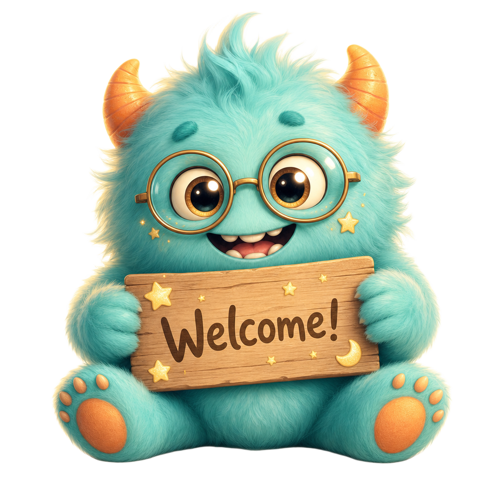 Mia, la mascota de BilingualUp, sosteniendo un letrero de bienvenida